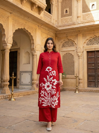Solid Floral Printed Straight Fit Co-ord Set - Red