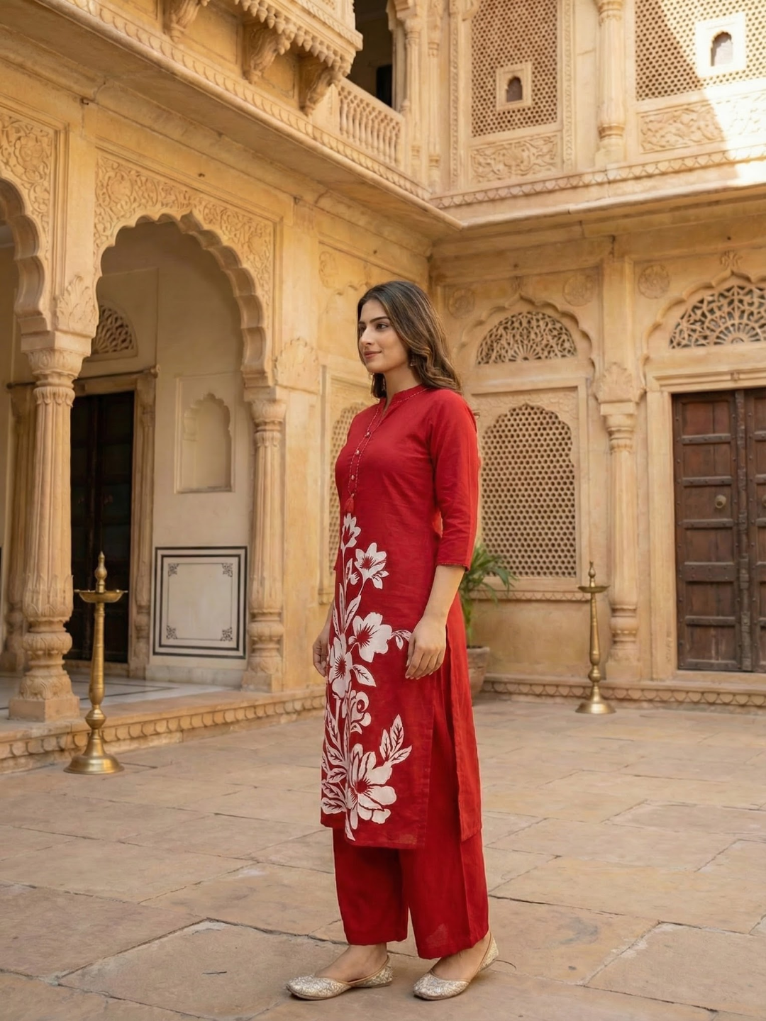 Solid Floral Printed Straight Fit Co-ord Set - Red