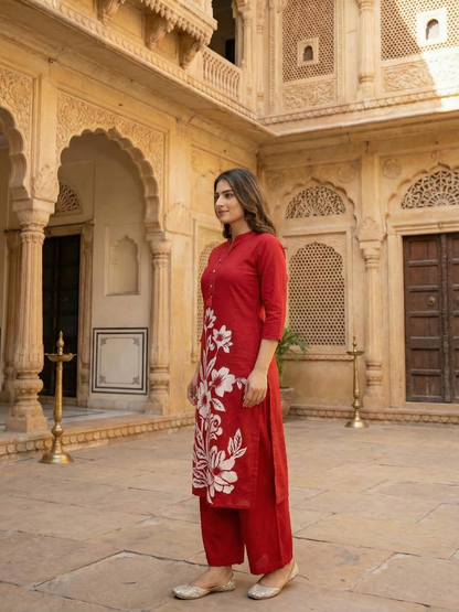 Solid Floral Printed Straight Fit Co-ord Set - Red