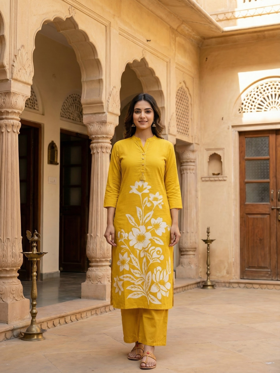 Solid Floral Printed Straight Fit Co-ord Set - Yellow