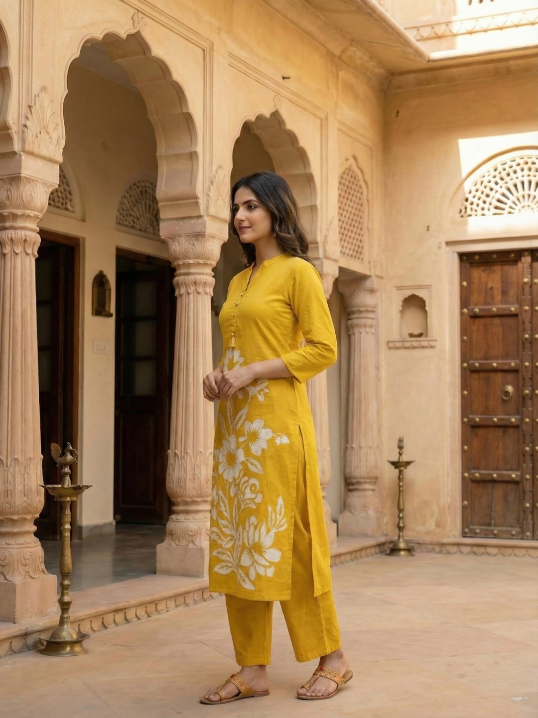 Solid Floral Printed Straight Fit Co-ord Set - Yellow