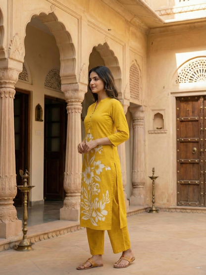 Solid Floral Printed Straight Fit Co-ord Set - Yellow