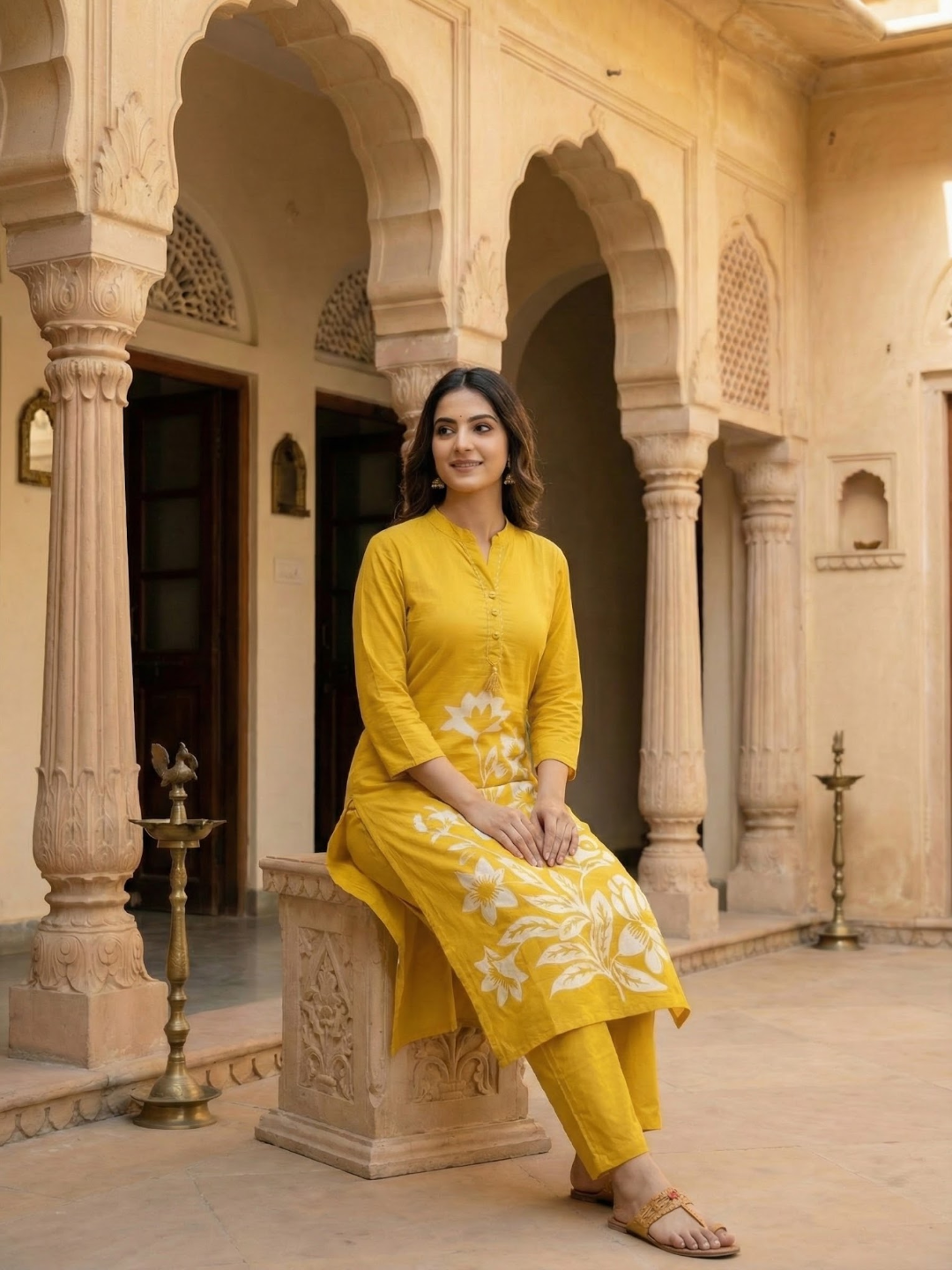 Solid Floral Printed Straight Fit Co-ord Set - Yellow