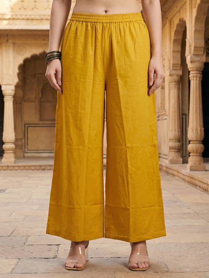 Solid Floral Printed Straight Fit Co-ord Set - Yellow