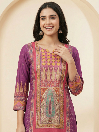 Ethnic Floral Printed Straight Fit Kurta with Pant and Dupatta - Multi
