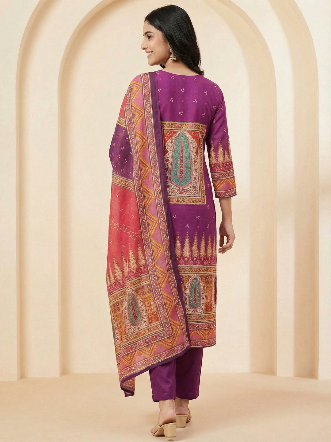 Ethnic Floral Printed Straight Fit Kurta with Pant and Dupatta - Multi