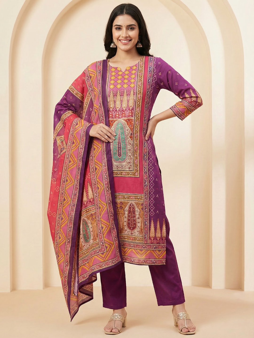 Ethnic Floral Printed Straight Fit Kurta with Pant and Dupatta - Multi