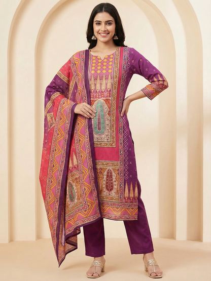 Ethnic Floral Printed Straight Fit Kurta with Pant and Dupatta - Multi