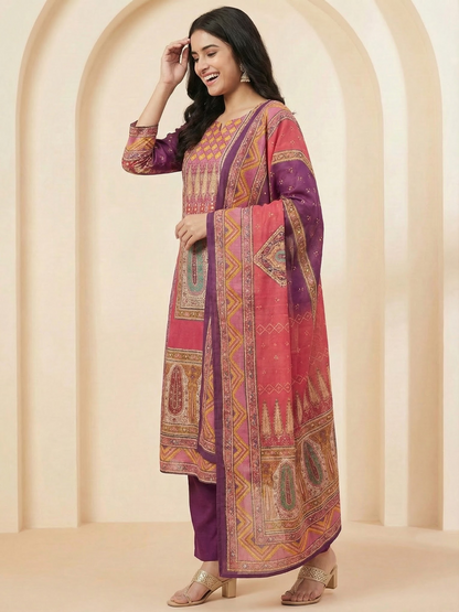 Ethnic Floral Printed Straight Fit Kurta with Pant and Dupatta - Multi