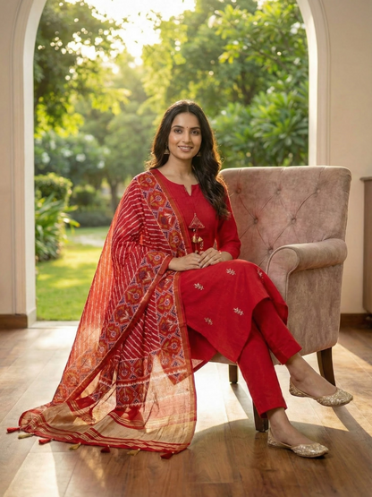Solid Floral Embroidered Straight Kurta with Pant & Dupatta - Red