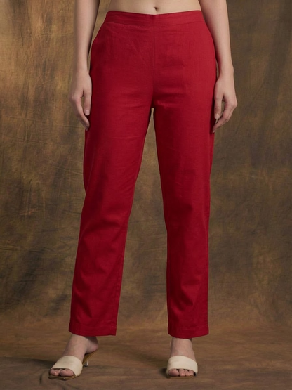 Solid Floral Embroidered Straight Kurta with Pant & Dupatta - Red