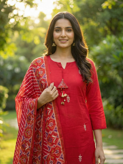 Solid Floral Embroidered Straight Kurta with Pant & Dupatta - Red