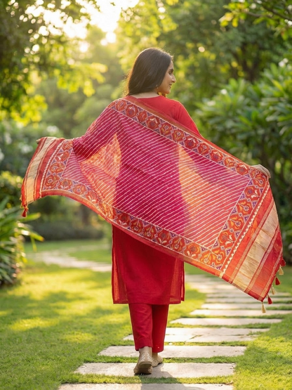 Solid Floral Embroidered Straight Kurta with Pant & Dupatta - Red