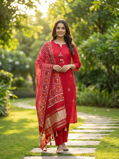 Solid Floral Embroidered Straight Kurta with Pant & Dupatta - Red