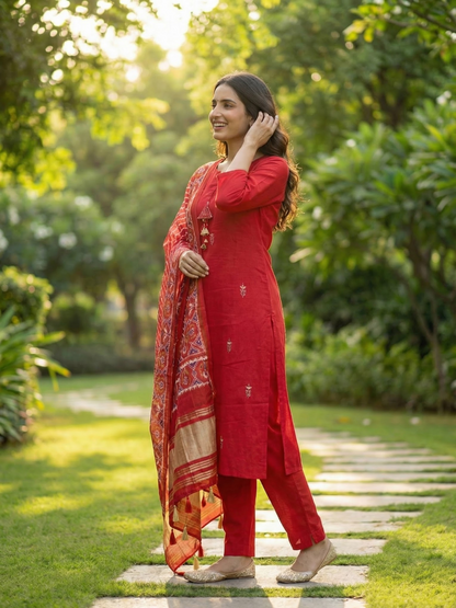 Solid Floral Embroidered Straight Kurta with Pant & Dupatta - Red