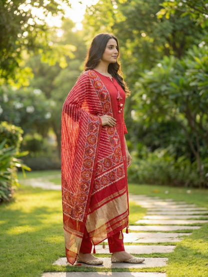 Solid Floral Embroidered Straight Kurta with Pant & Dupatta - Red