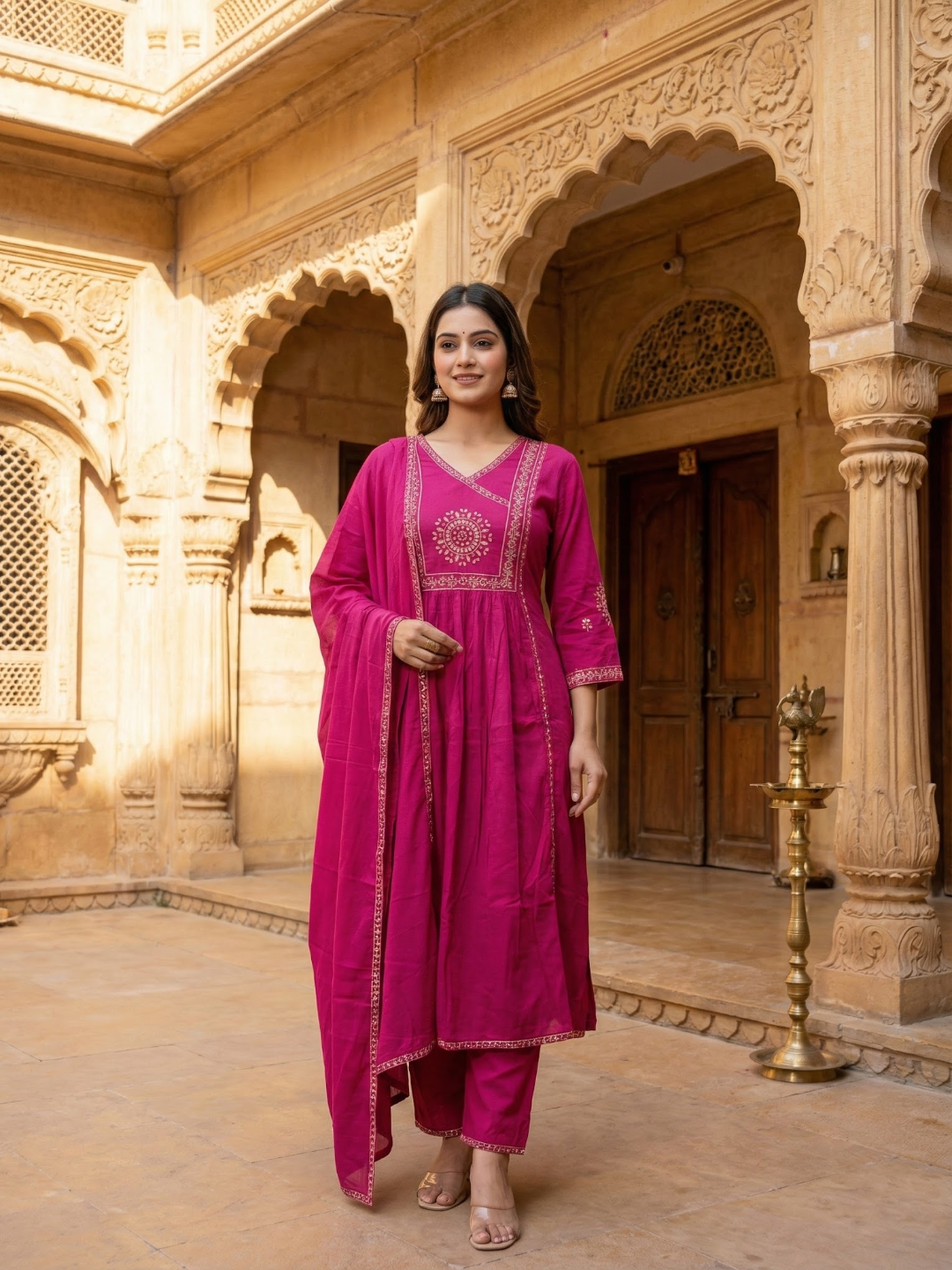 Solid Ethnic Embroidered A-Line Kurta with Pant & Dupatta - Pink
