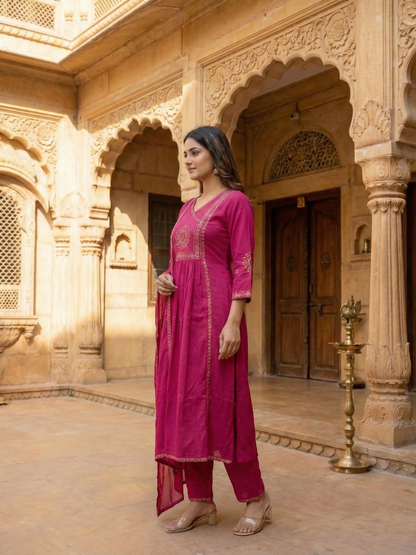 Solid Ethnic Embroidered A-Line Kurta with Pant & Dupatta - Pink
