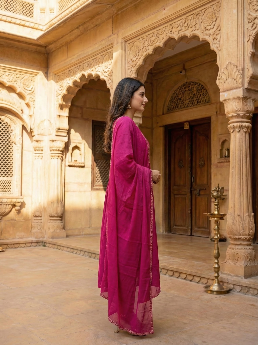 Solid Ethnic Embroidered A-Line Kurta with Pant & Dupatta - Pink
