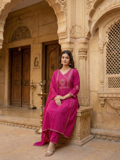 Solid Ethnic Embroidered A-Line Kurta with Pant & Dupatta - Pink