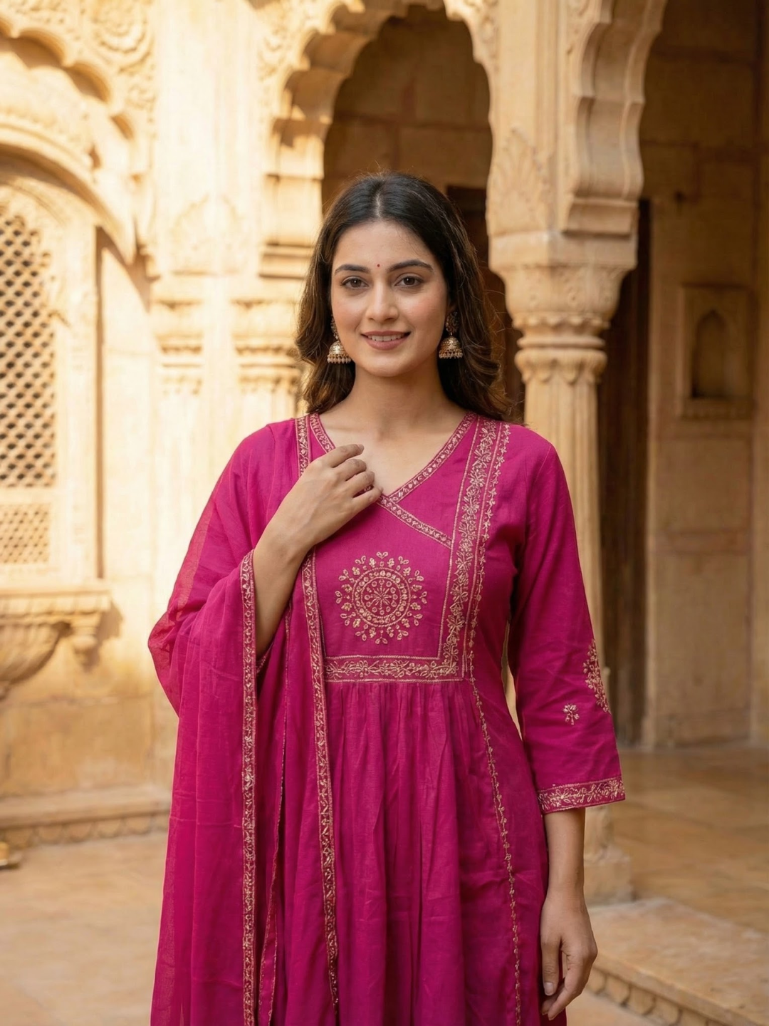 Solid Ethnic Embroidered A-Line Kurta with Pant & Dupatta - Pink