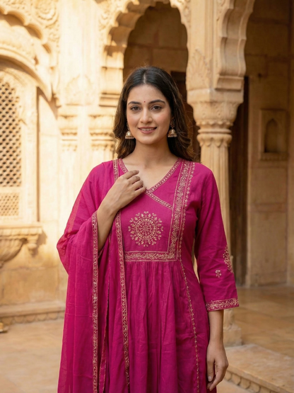 Solid Ethnic Embroidered A-Line Kurta with Pant & Dupatta - Pink