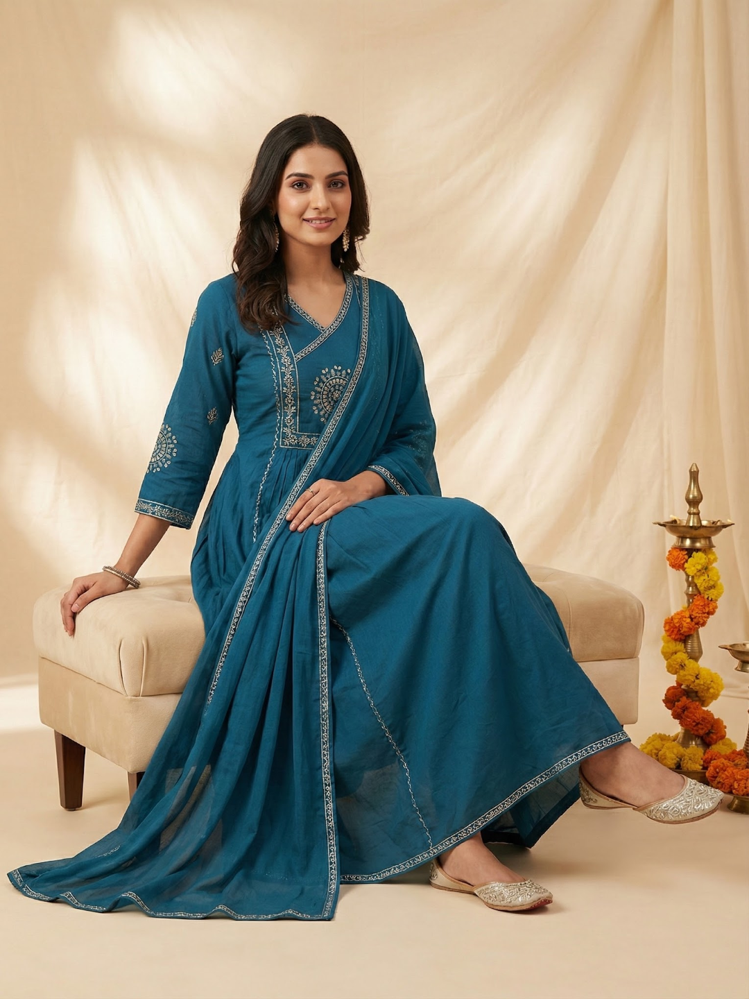 Solid Ethnic Embroidered A-Line Kurta with Pant & Dupatta - Teal