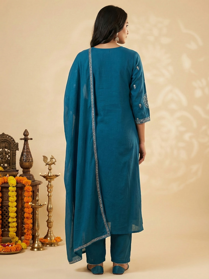Solid Ethnic Embroidered A-Line Kurta with Pant & Dupatta - Teal