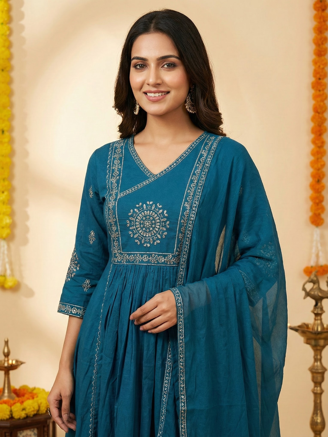 Solid Ethnic Embroidered A-Line Kurta with Pant & Dupatta - Teal