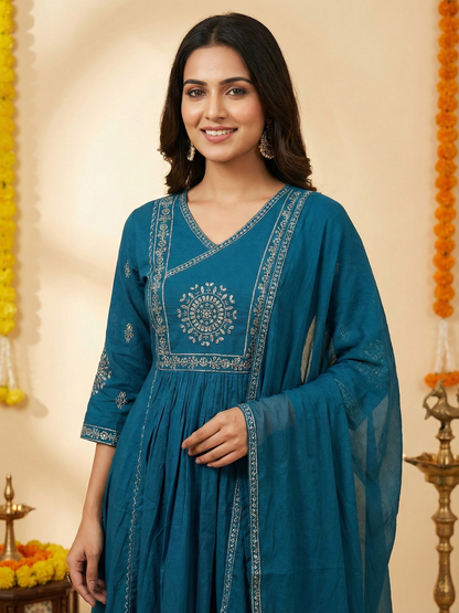 Solid Ethnic Embroidered A-Line Kurta with Pant & Dupatta - Teal