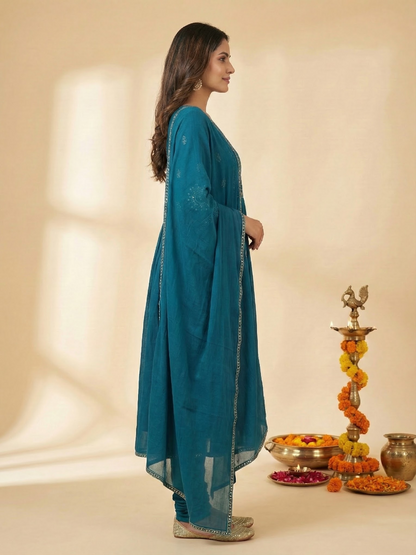 Solid Ethnic Embroidered A-Line Kurta with Pant & Dupatta - Teal