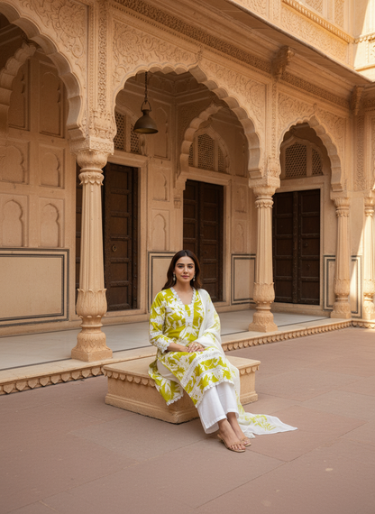 Abstract Floral Printed Straight Fit Kurta with Pant and Dupatta - Lime Green