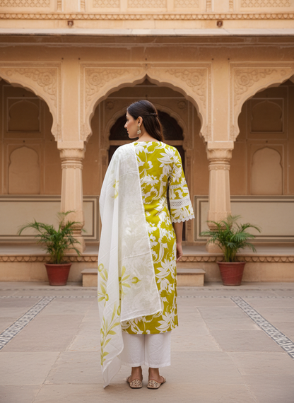 Abstract Floral Printed Straight Fit Kurta with Pant and Dupatta - Lime Green