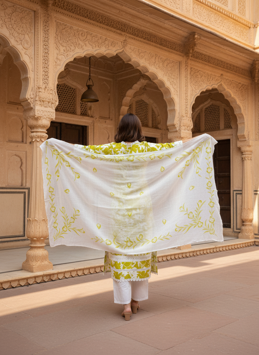 Abstract Floral Printed Straight Fit Kurta with Pant and Dupatta - Lime Green