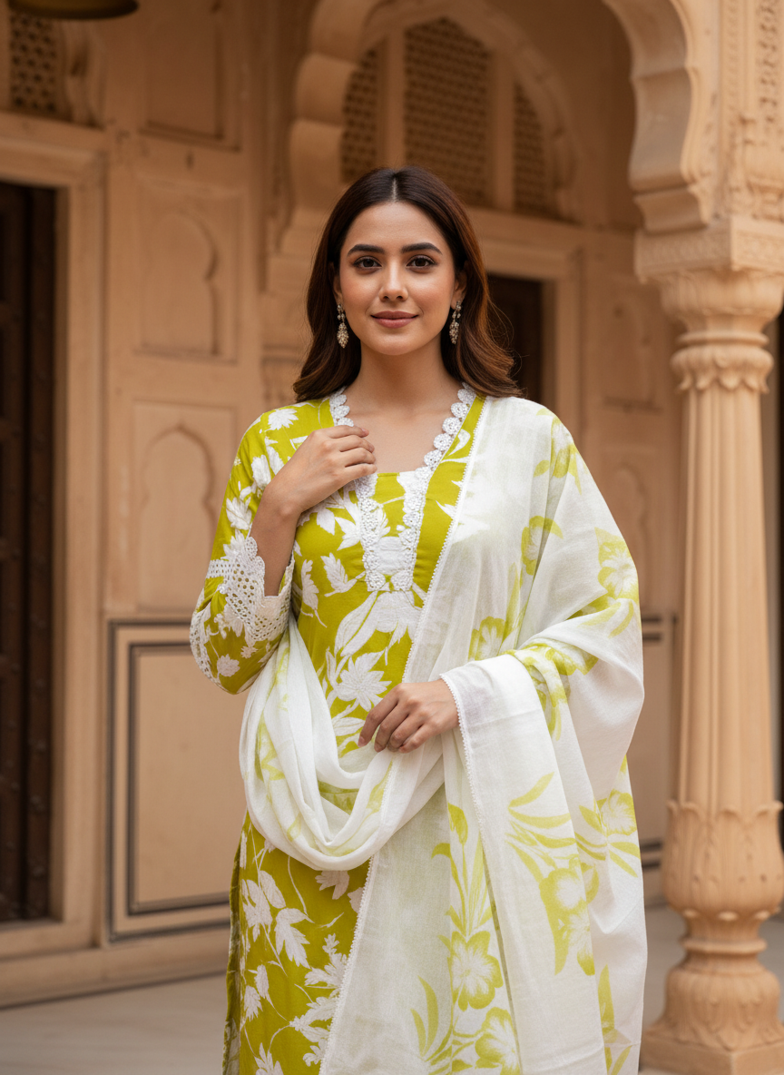 Abstract Floral Printed Straight Fit Kurta with Pant and Dupatta - Lime Green
