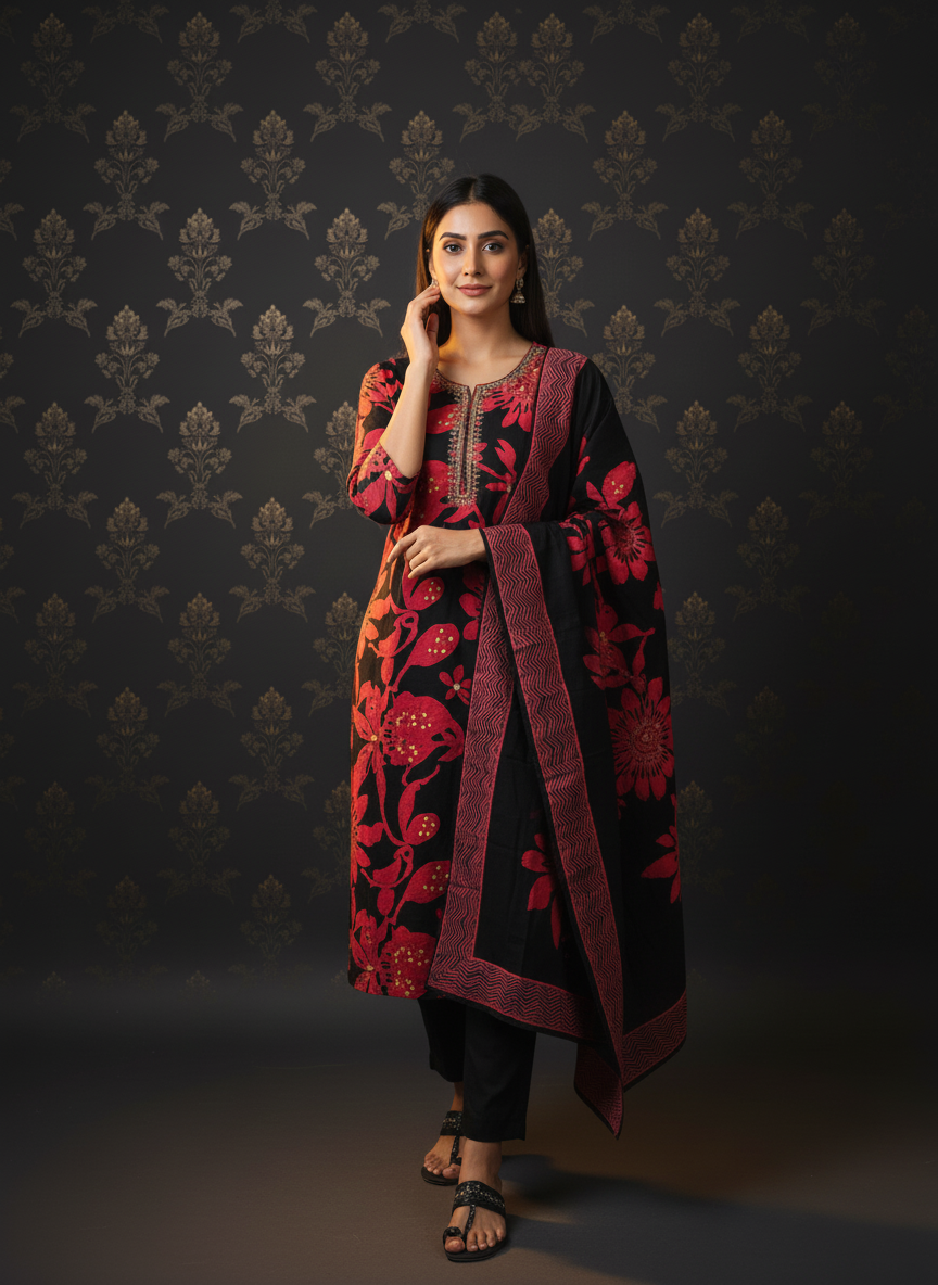 Floral Printed Straight Embroidered Kurta with Pant & Dupatta - Black
