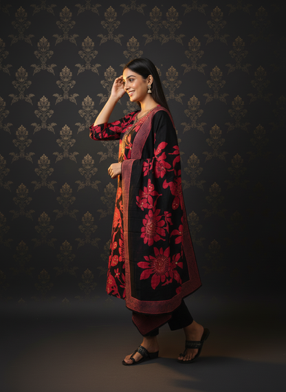 Floral Printed Straight Embroidered Kurta with Pant & Dupatta - Black
