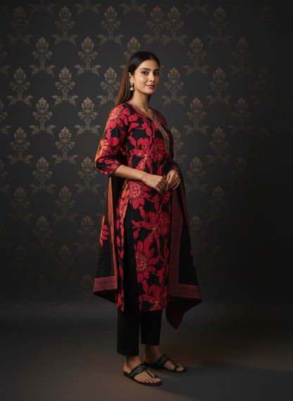 Floral Printed Straight Embroidered Kurta with Pant & Dupatta - Black
