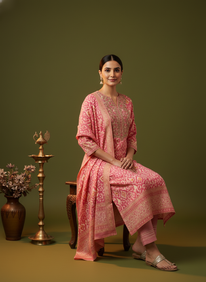 Ethnic Printed Straight Embroidered Kurta with Pant & Dupatta - Pink