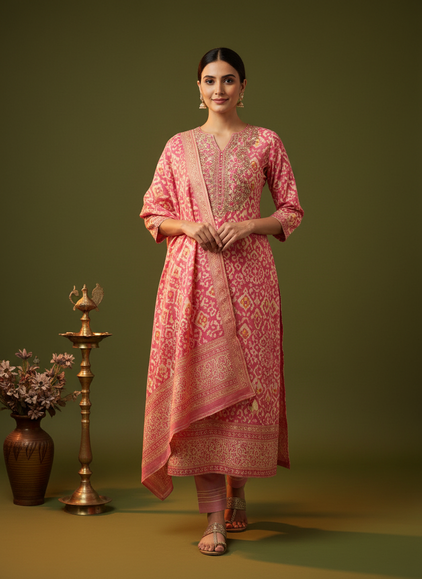 Ethnic Printed Straight Embroidered Kurta with Pant & Dupatta - Pink
