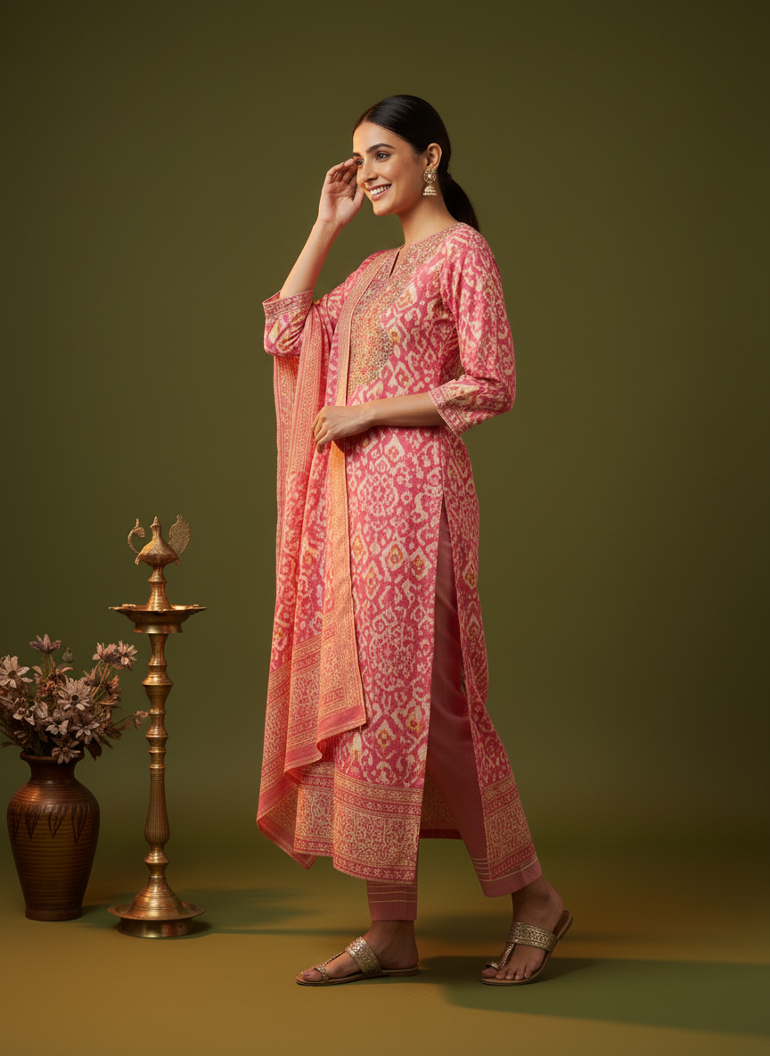 Ethnic Printed Straight Embroidered Kurta with Pant & Dupatta - Pink
