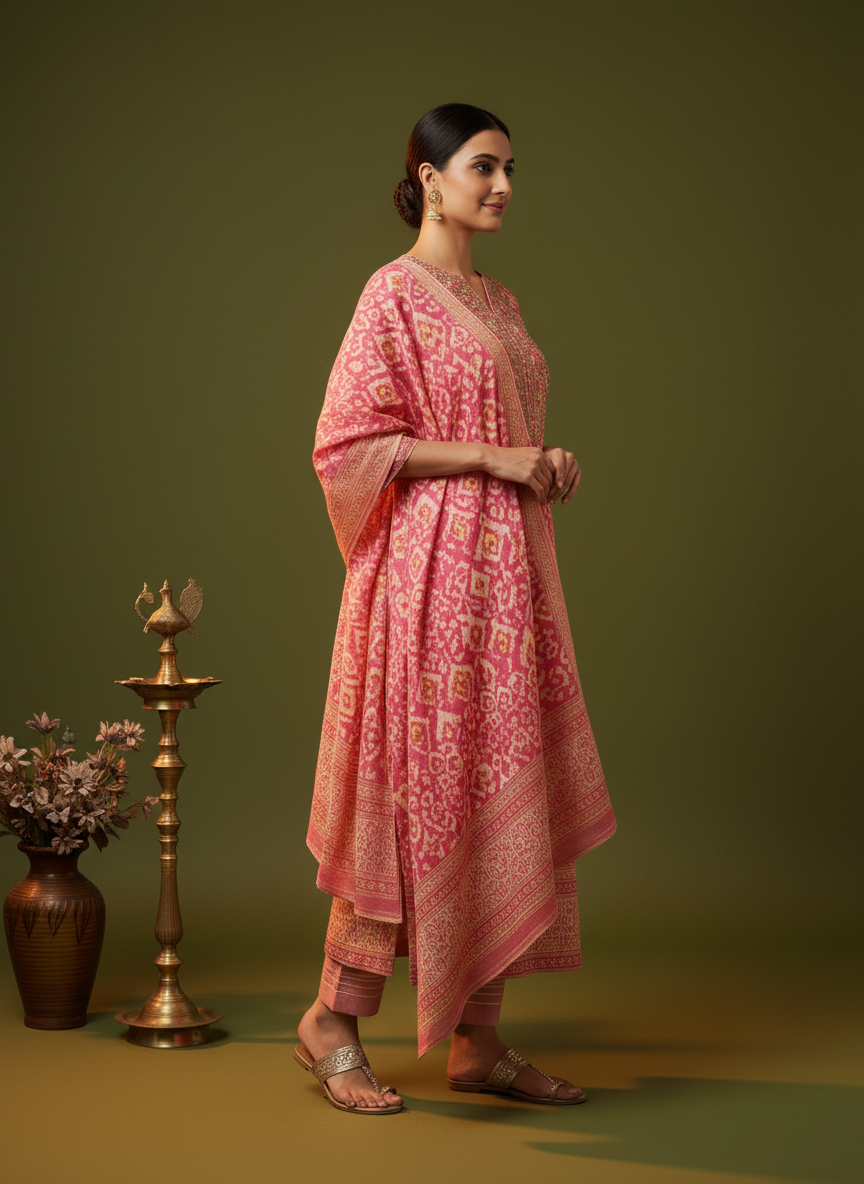 Ethnic Printed Straight Embroidered Kurta with Pant & Dupatta - Pink