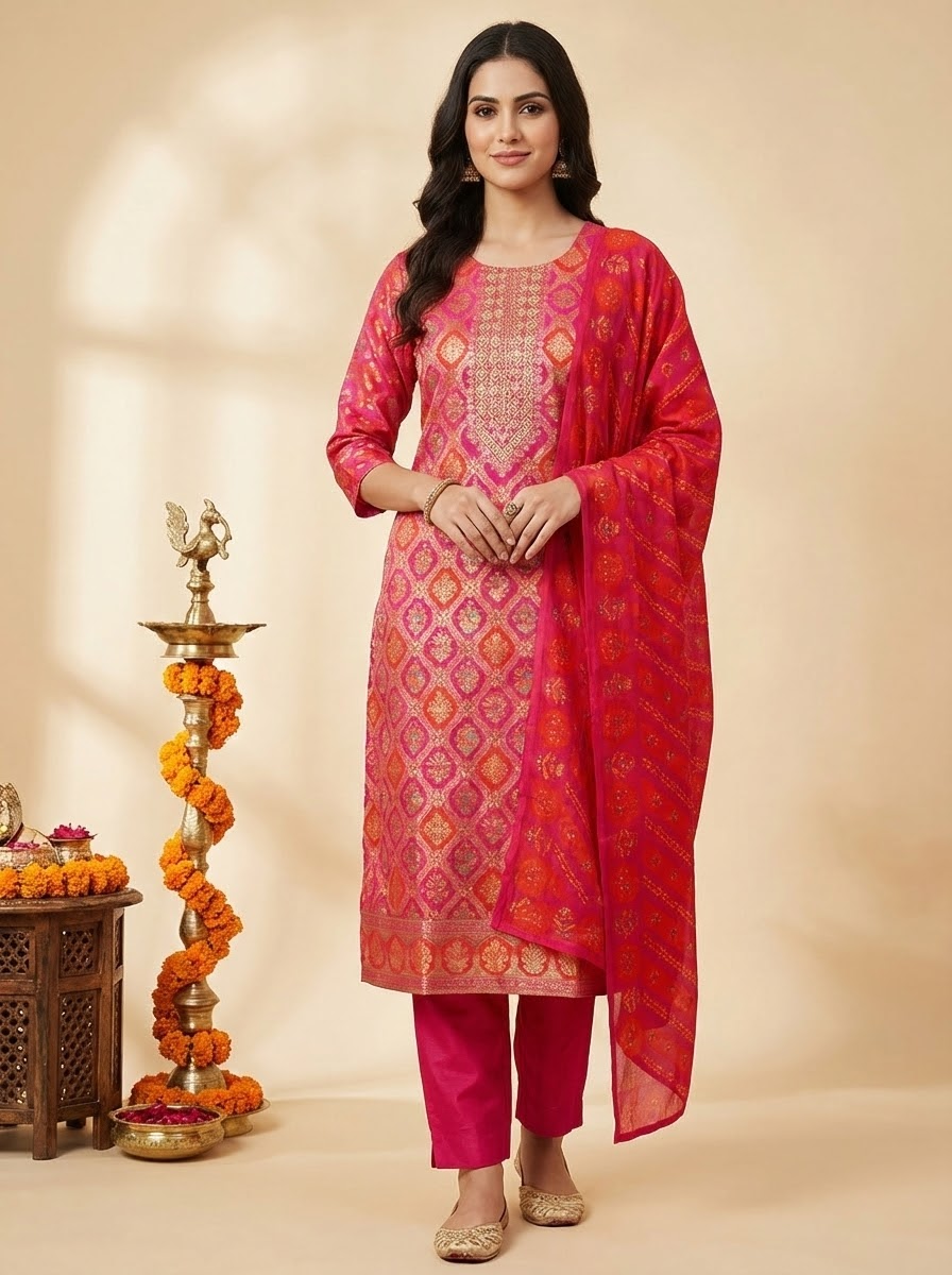 Floral Printed Embroidered Jacquard Kurta with Pant & Dupatta - Multi