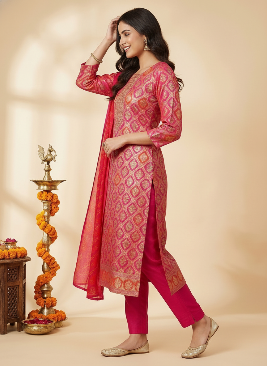 Floral Printed Embroidered Jacquard Kurta with Pant & Dupatta - Multi