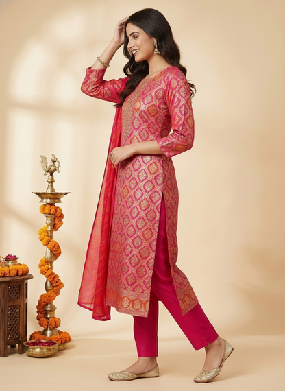 Floral Printed Embroidered Jacquard Kurta with Pant & Dupatta - Multi
