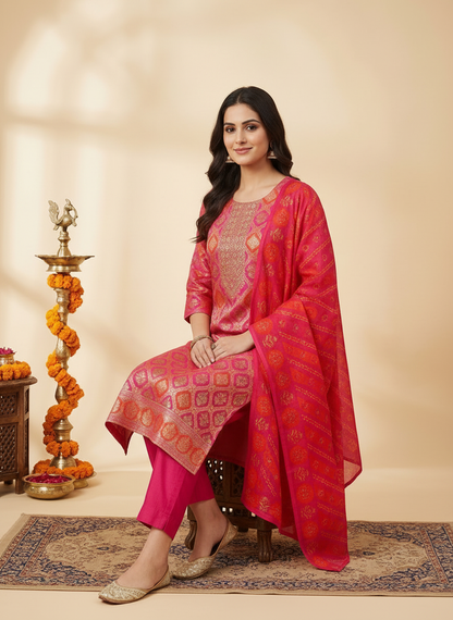 Floral Printed Embroidered Jacquard Kurta with Pant & Dupatta - Multi