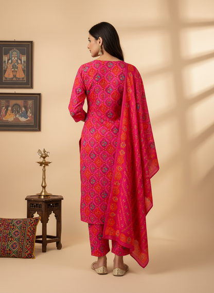 Floral Printed Embroidered Jacquard Kurta with Pant & Dupatta - Multi