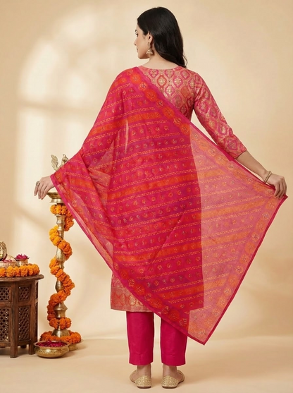 Floral Printed Embroidered Jacquard Kurta with Pant & Dupatta - Multi