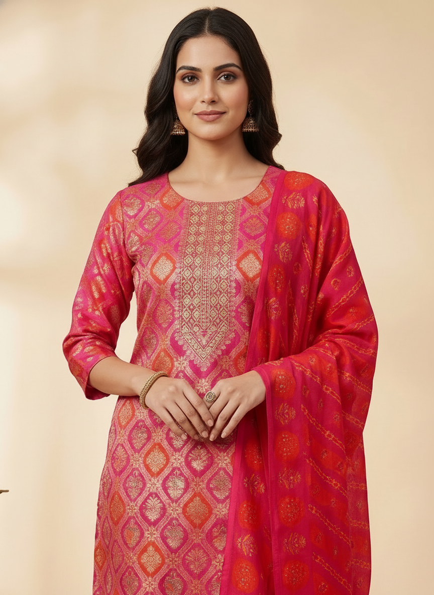 Floral Printed Embroidered Jacquard Kurta with Pant & Dupatta - Multi