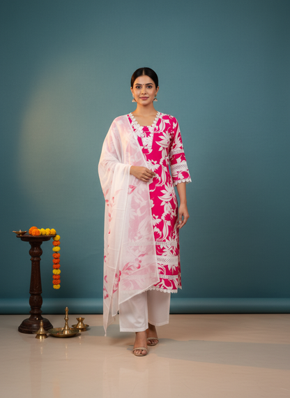 Abstract Floral Printed Straight Fit Kurta with Pant and Dupatta - Pink